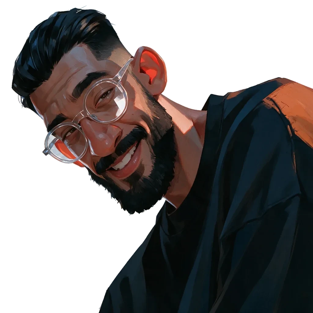 Painted portrait of Jitesh Pujari, smiling, in round glasses and a black shirt.