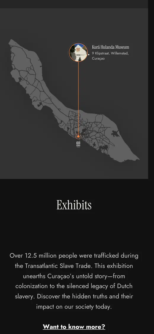 Phone: the Exhibits section, on a map of Curacao, from the live site.