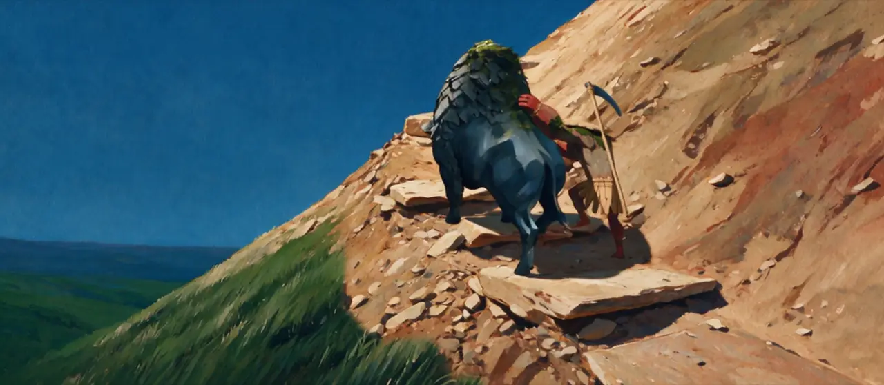 The approved take: the rider and his beast climbing a red rock slope.
