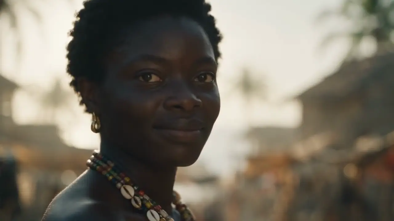 Live action look: a young woman in a market.