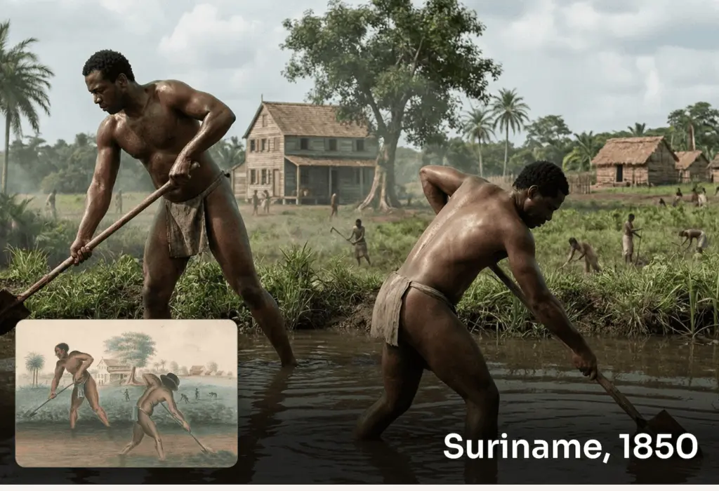 A period illustration of workers in Suriname next to the scene made from it.